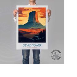 devils tower national monument print, wyoming travel poster, framed prints