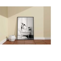 adorable penguins in tub wall poster / black and white penguin art / bathroom art / canvas gift idea / hanging or print