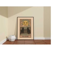 moon tarot framed print / tarot fortune cards / black cats poster / crying sun card / fortune cards gift / la luna card