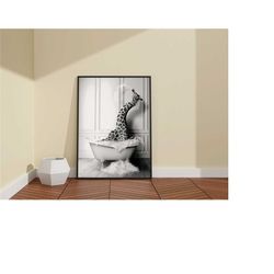 black and white giraffe poster / cute giraffe bathroom wall art / giraffe art / black and white animals wall art decor /