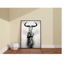 tattooed hot girl print art / black&white canvas / minotaur skull print / abstract art / woman poster / framed decor / c