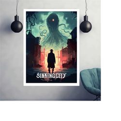 the sinking city print, gaming room poster, minimalist, gaming poster, gaming print, game gift, video games poster, the
