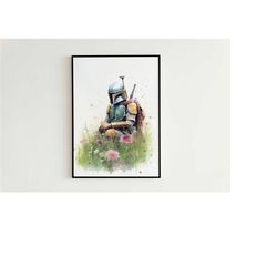 star wars boba fett watercolor digital art print - boba fett floral aesthetic wall art, minimal boba fett room decor, ga