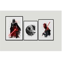 star wars paintings digital print set - 3 prints - darth vader, death star, darth maul watercolor paintings | 3 star war