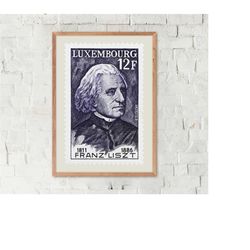 franz liszt, luxembourg stamp print, musician portrait framed, vintage poster, gift ideas, wall art decor