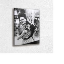 frida kahlo with monkey hanging poster, canvas wall art decoration, printed canvas, home decor, portrait poster, white b