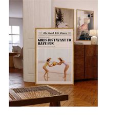 girls just want to have fun newspaper headline poster, bar cart wall art, girl dorm room art, girls having fun print, ne