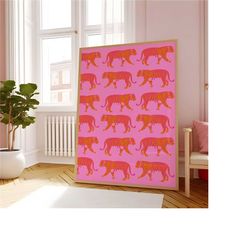 tigers everywhere animal print decor, pink and orange print, preppy dorm room deco, aesthetic poster, preppy y2k poster,