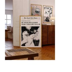 be your own sugar daddy newspaper headline poster, retro bar cart feminist wall art, magazine cover art, manifestation p
