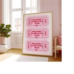 self love club ticket print, red and pink wall art, trending retro posters, aesthetic cute ticket collection dcor, self