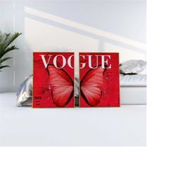 digital butterfly wall art print, vintage vogue poster, red wall art, vogue art, trendy prints, preppy room decor, retro
