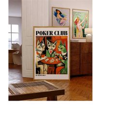 poker club poster, vintage picasso abstract illustration, vintage cats playing cards, poker night wall art, aesthetic po