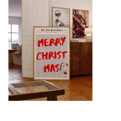 festive christmas newspaper headline poster, red wall art print, christmas posters, merry christmas wall art, festive ne