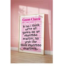 guest check receipt, espresso martinis, guest check poster, bar cart art, retro cocktail print, kitchen art decor, prepp