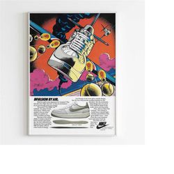 nike 'invasion by air' advertising poster, 90s tennis style shoes print, vintage running ad wall art, magazine retro adv