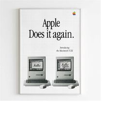 apple 'does it again' macintosh 512k advertising poster, 90s retro style print, vintage design wall art, magazine retro