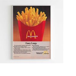 mcdonald's 'fancy longs' french fries advertising poster, 70s style print, vintage fast food design ad wall art, 1970 ma