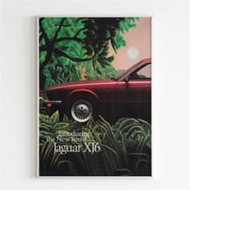jaguar xj6 advertising poster, 80s style luxury auto print, vintage design, ad wall art, magazine racing retro advertise