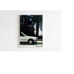 bmw 320i convertible advertising poster, 90s style auto print, vintage design, racing ad wall art, magazine retro advert