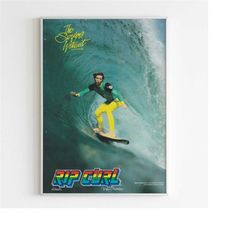 rip curl advertising poster, 80s style surfing print, vintage surf brand ad wall art, magazine retro advertisement, plan
