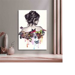 girl and butterflies canvas, abstract woman wall poster, abstract wall painting, butterfly wall decor, woman wall art, g
