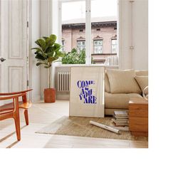 come as you are print, navy blue beige retro positive vibrant funky quote, typography home decor, wavy font art, digital