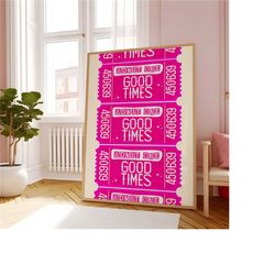 good times ticket print, funky retro wall art print, trendy poster aesthetic room decor, pink wall art preppy dorm room
