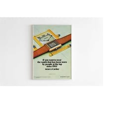 cartier watch advertising poster, 70's style print, vintage design magazine, ad wall art, ad retro advertisement, luxury
