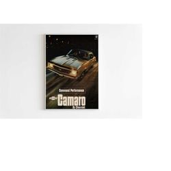 chevrolet camaro advertising poster, muscle car 80s style print, vintage design, racing ad wall art, magazine retro adve
