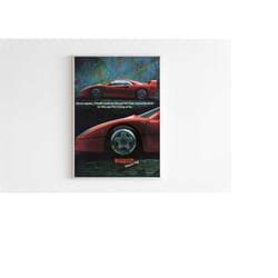 ferrari pirelli advertising poster, sport car 80s style print, vintage design, racing ad wall art, magazine retro advert