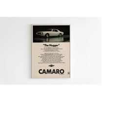 chevrolet camaro advertising poster, muscle car 70s style print, vintage design, racing ad wall art, magazine retro adve