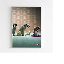 eastpak backpack advertising poster, 80s style print, vintage bag ad wall art, magazine retro advertisement, dogs retro