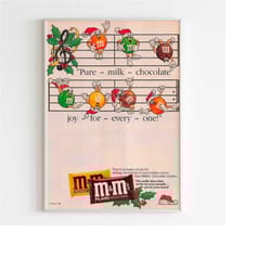m&m's christmas 1985 advertising poster, 80s style print, vintage design ad wall art, candy art magazine advertisement