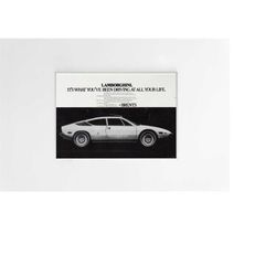 lamborghini advertising poster, sport car 70s style print, vintage design, racing ad wall art, magazine retro advertisem