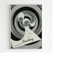 breitling chronograph watch advertising poster, vintage design magazine, 60's swiss style print, ad wall art, retro luxu