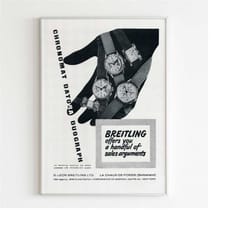 breitling watch advertising poster, vintage design magazine, 70's swiss style print, ad wall art, ad retro advertisement