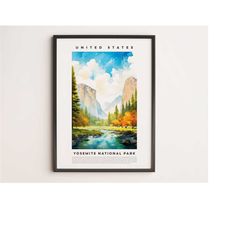 watercolor yosemite national park prints, touristic gallery set, colorful city posters, colorful travel wall art