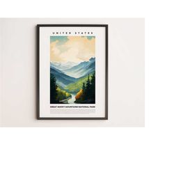 watercolor great smoky mountains national park prints, touristic gallery set, colorful city posters, colorful travel wal