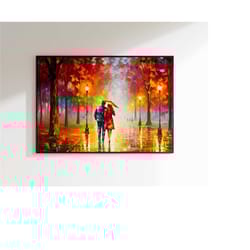 palette knife art, couple walking in the rain, wall art poster print for home office decoration