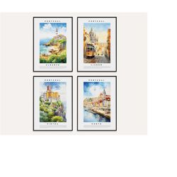 watercolor portugal travel prints bundle set of 4, touristic gallery set, colorful city posters, colorful travel wall ar