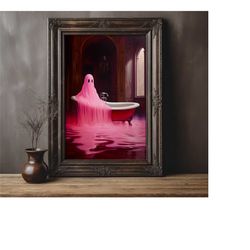 pink ghost in the bathtub, halloween decor, bathroom print, vintage poster, gothic painting