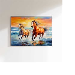 palette knife art, horses running on the beach, wall art poster print for home office decoration