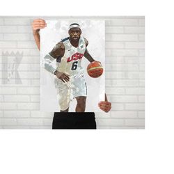 lebron james team usa poster/canvas print, watercolor painting sports art, office, man cave, bedroom wall decor, sports