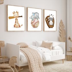 baby sports animals - baseball nursery decor - baby boy sports nursery - animal sports - baseball print set - nursery sp