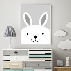 bunny art print - grey nursery wall art animals - rabbit nursery print - cute printable wall art - monochrome nursery -