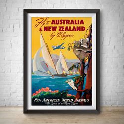 australia new zealand 1960 vintage travel poster fly twa vintage advertisement hand drawn poster wall art home decor koa