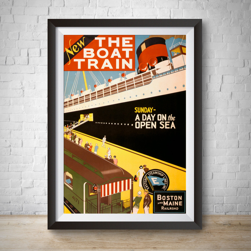 Boat Train Travel Poster 1920 Vintage Boat Train Travel Vintage Advertisement Hand Drawn Wall Art Boston Maine Railroad.jpg