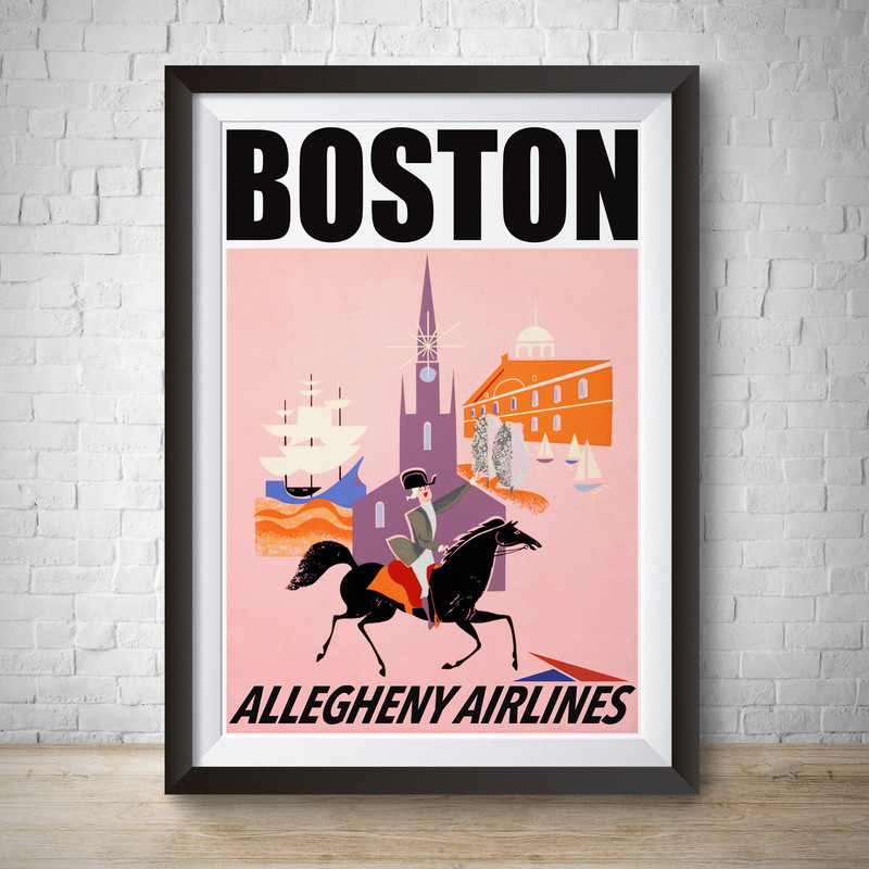 Boston Travel Poster 1950 Vintage Allegheny Airlines Vintage Advertisement Poster Wall Art Paul Revere British Are Coming.jpg
