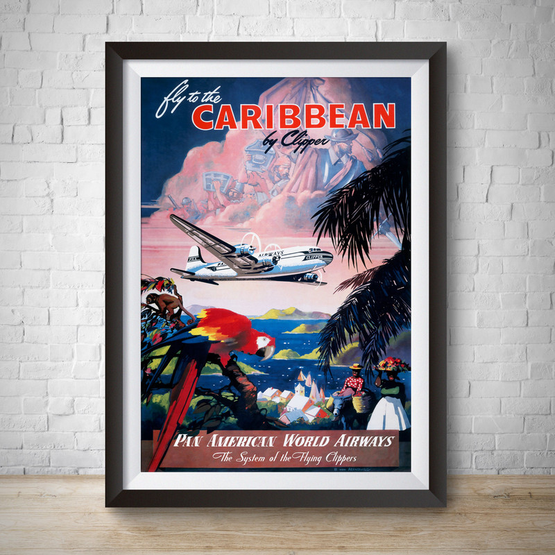Caribbean Travel Poster 1960 Vintage Pan American Vintage Advertisement Hand Drawn Poster Wall Art Caribbean Beach Pan Am.jpg
