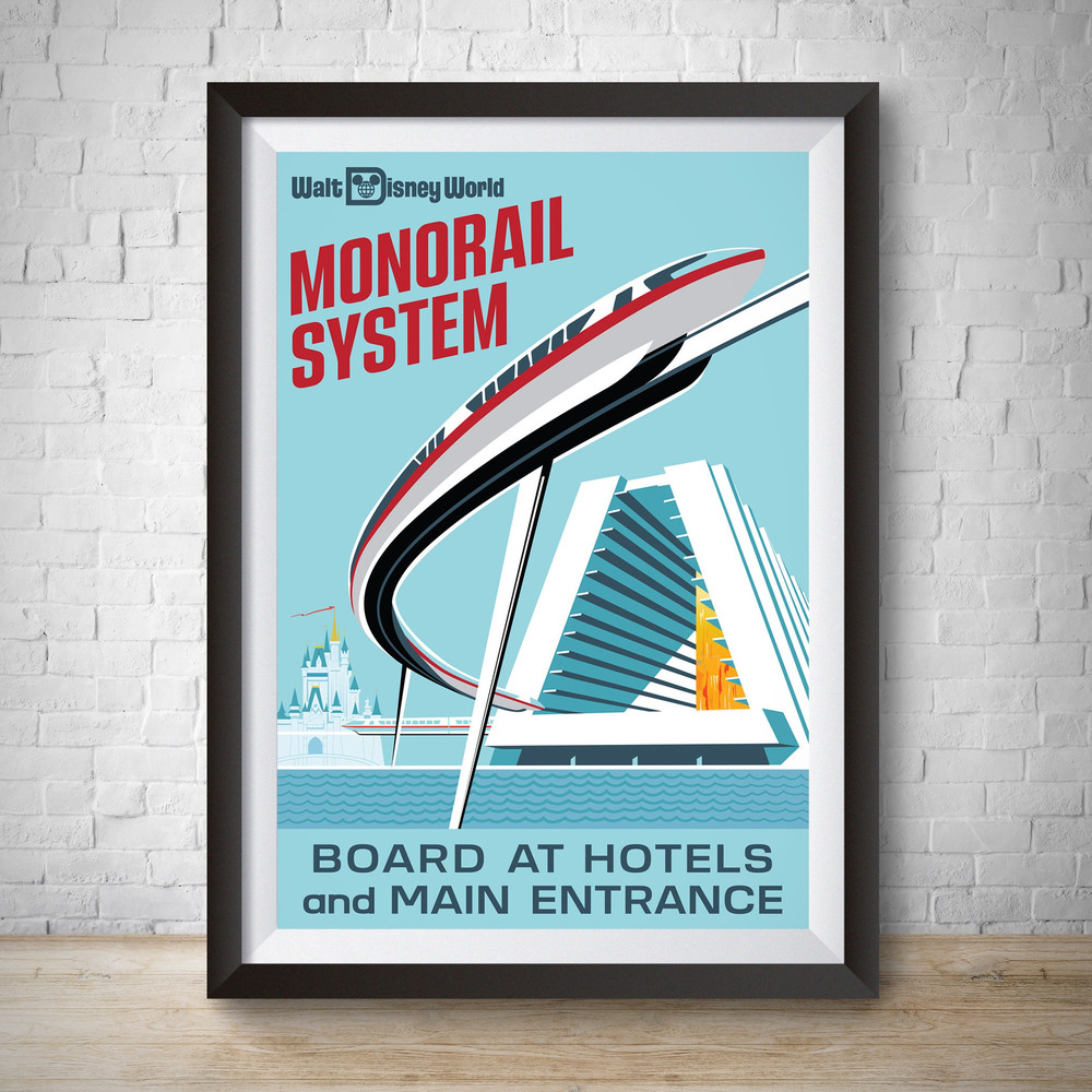 Monorail Attraction Poster, Disney World Poster Disneyland Vintage Print Disney Reproduction Wall Art Vector Art Disney Art 78' Kids Bedroom.jpg